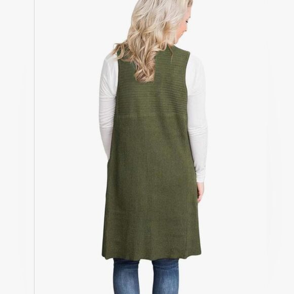 Olive green ribbed knit long line cardigan sweater vest with pockets size large - Picture 3 of 9